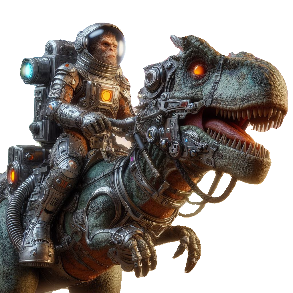 space caveman riding a dinosaur